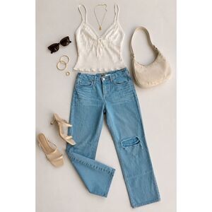 L’AGENCE Nevia Aqua Distressed Straight Leg Jeans Low Rise Cotton Denim Size 25